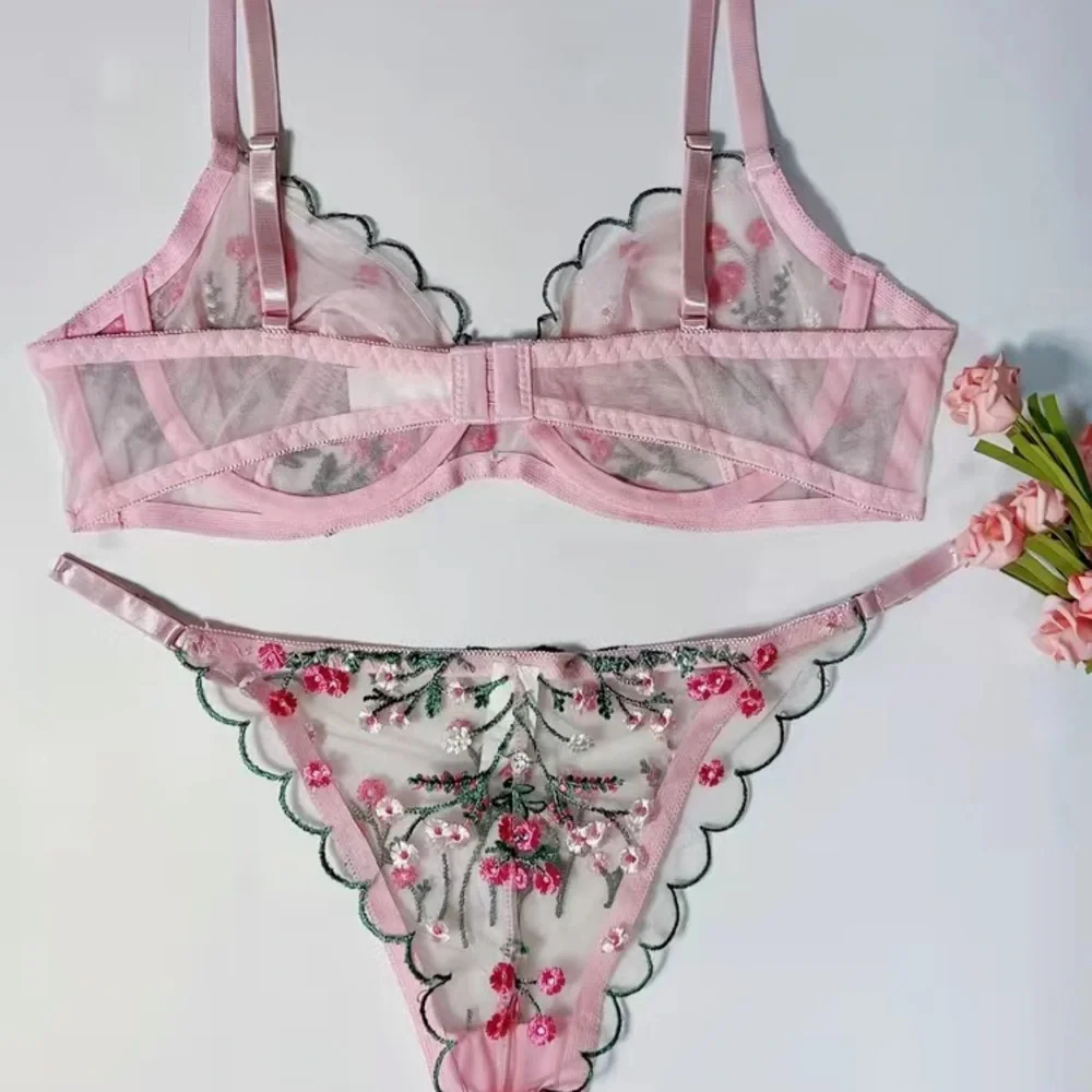 New Pink Floral Embroidered Underwire Bra Panty Set